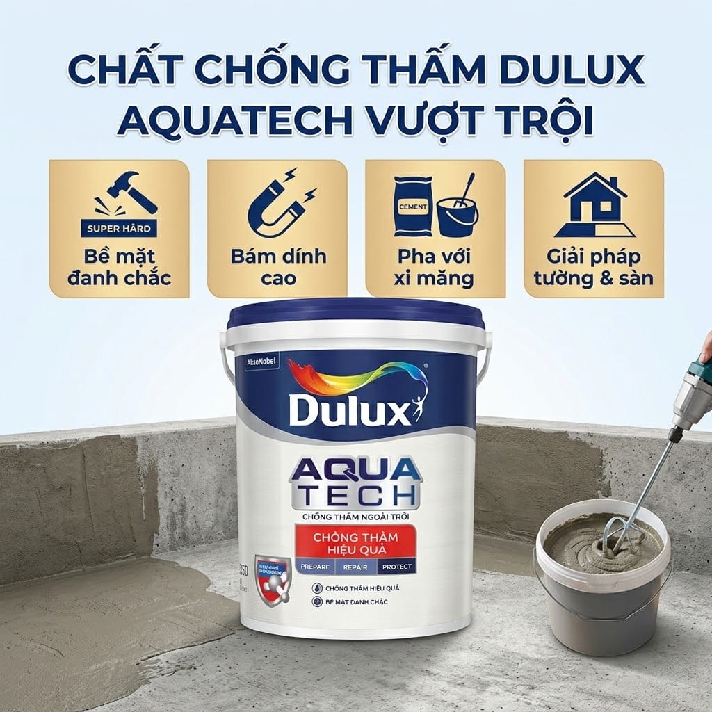 Chống Thấm Dulux Aquatech Hiệu Quả C8033 là chất chống thấm tường gốc xi măng, ứng dụng công nghệ Hydroshield, phù hợp cho tường bê tông và tường vữa xi măng tại các công trình